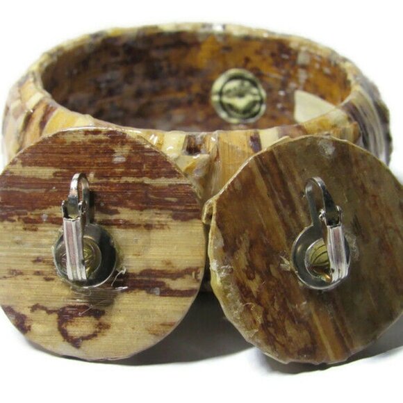 Wide Bangle and Clip Earrings Set Bark Strips - Picture 2 of 5